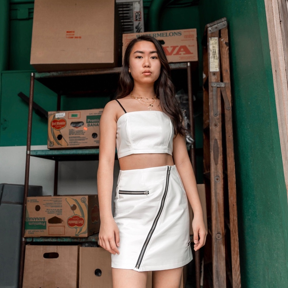 White patent leather crop top skirt zipper set